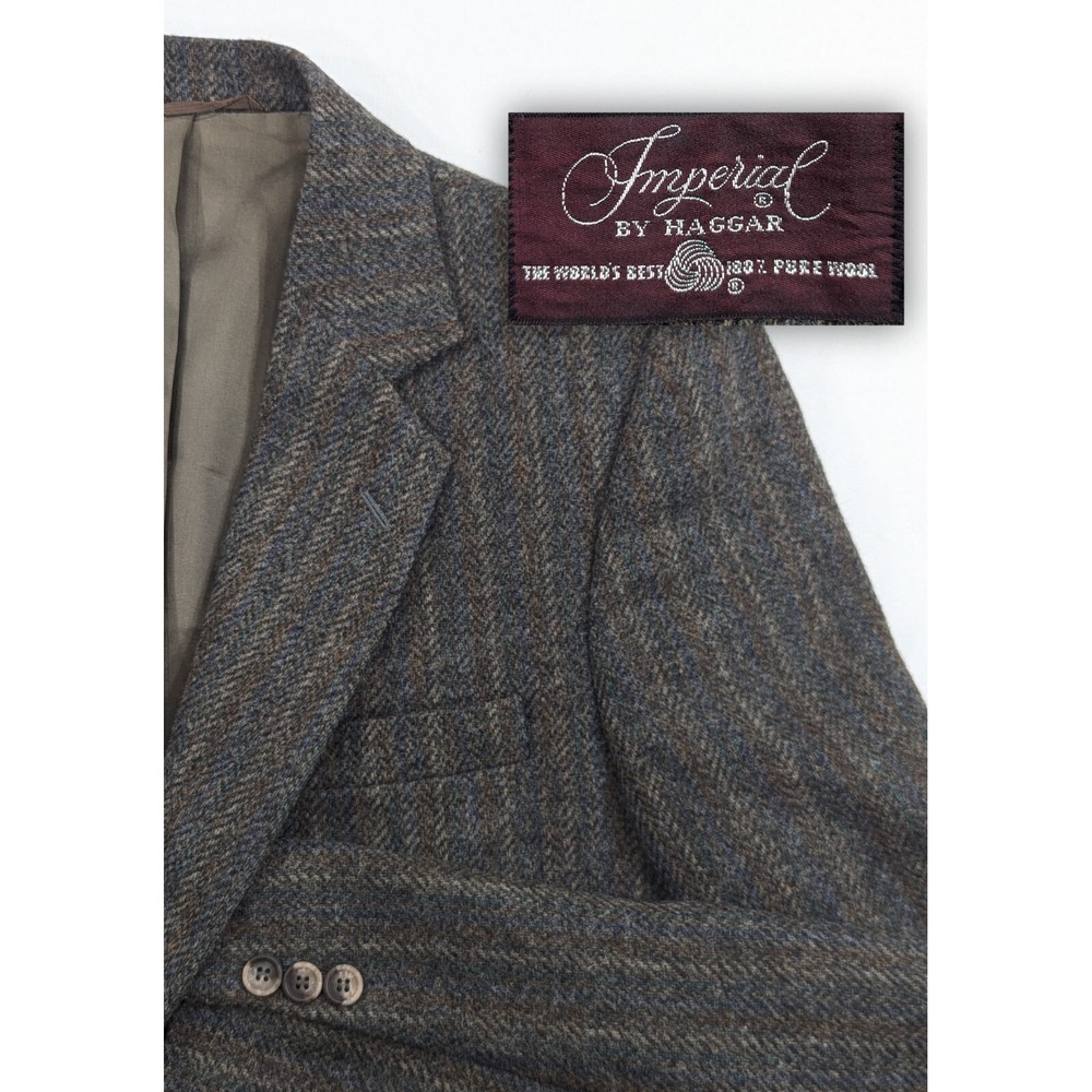 Haggar Tweed Wool Blazer Suit Jacket Brown Double Striped Wool 40L 42" Chest